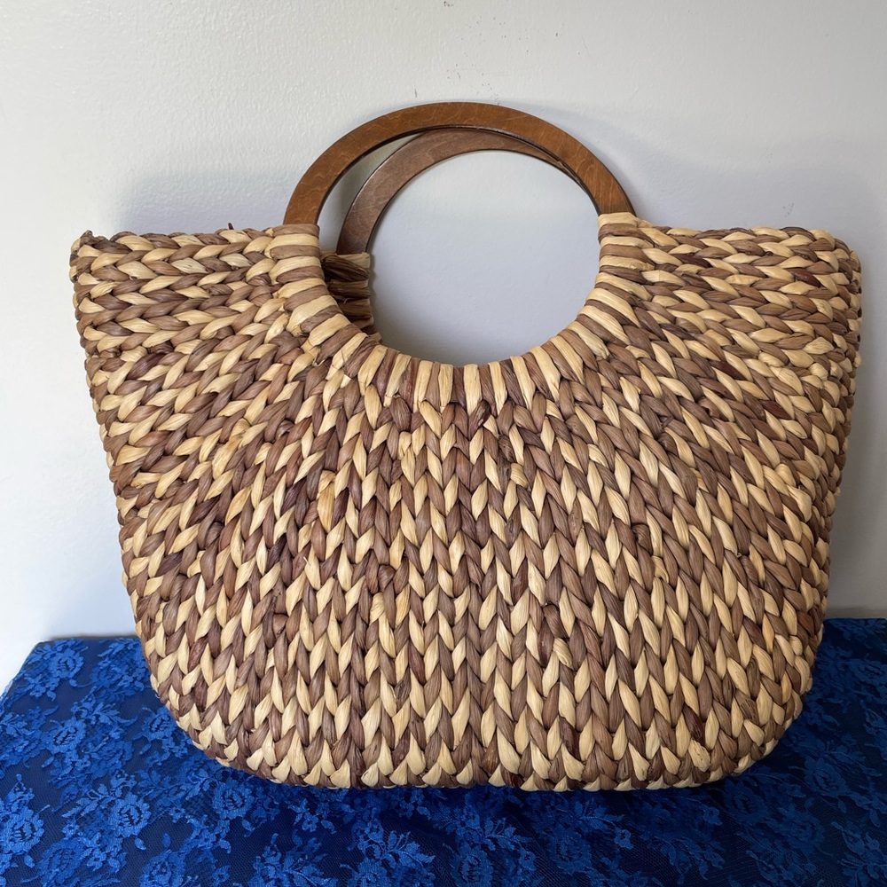 The Limited Natural Woven Tote Bag with Wooden Handles